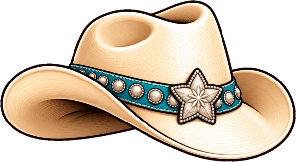 A cream cowboy hat with a turquoise band and a star