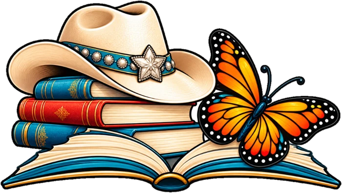 A cowboy hat and stacked books with a monarch butterfly